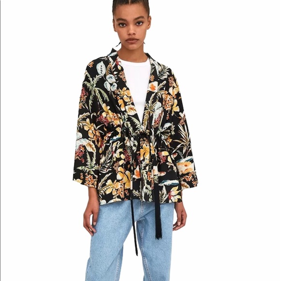 Zara Trf Floral Jacket with Fringe Belt - Picture 5 of 10